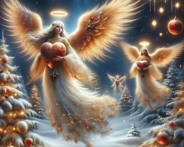 Angels with Hearts in a Snowy Christmas Landscape
