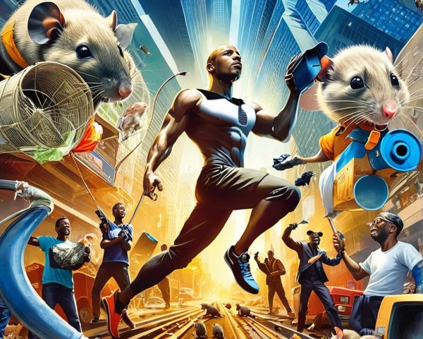 Muscular Man Leaps in Chaotic Urban Scene with Hamsters