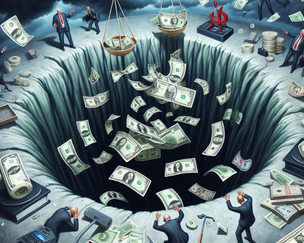 Swirling Pit of Wealth with Businessmen and Dragon Shadow