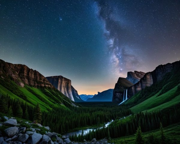 Nighttime Landscape with Mountains and Starry Sky