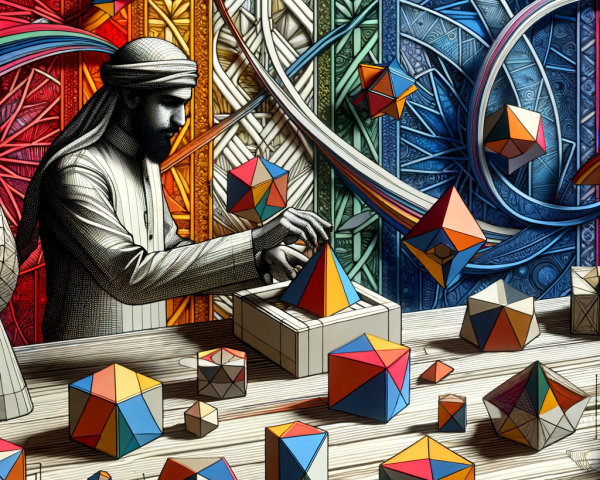 Man Assembling Colorful Geometric Shapes in Attire