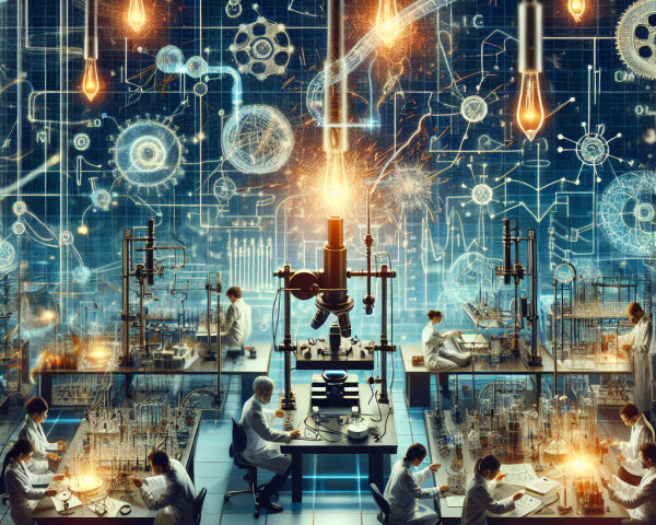 Futuristic laboratory with scientists and advanced equipment