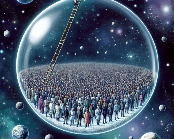 Crowd Inside Translucent Bubble Surrounded by Space