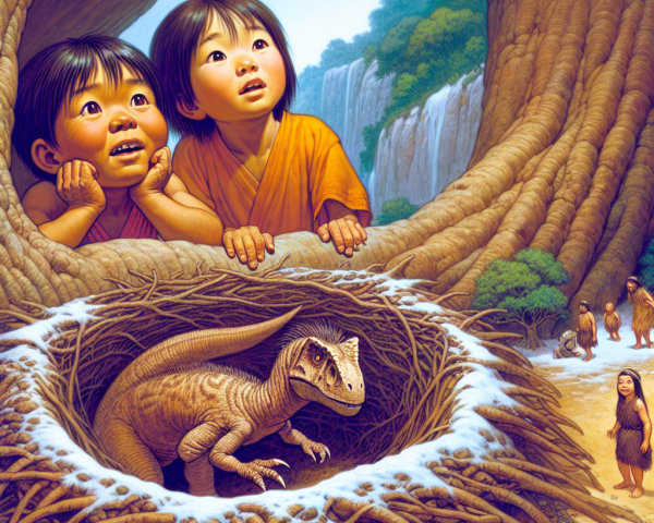 Children Observing Dinosaur Hatchling in Prehistoric Scene