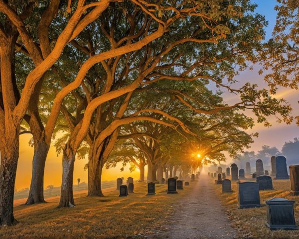 Misty Graveyard at Sunrise with Towering Trees