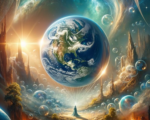 Surreal Cosmic Landscape with Figure and Earth