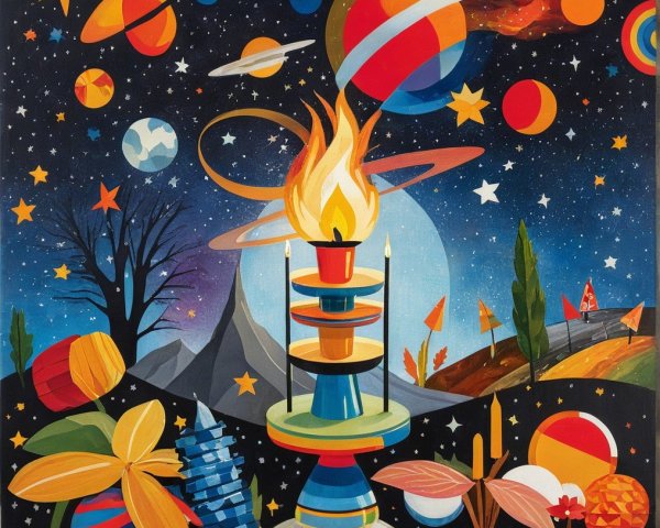 Surreal Artwork of Fire Tower and Cosmic Landscape