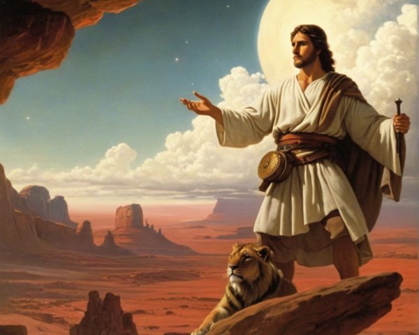 Desert Landscape with Figure and Tiger Under Moon