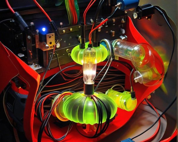 Close-up of a vibrant retro-futuristic electrical setup
