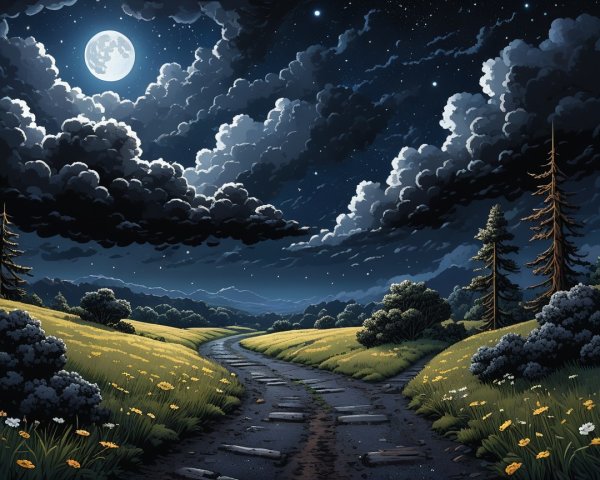Serene Night Landscape with Moonlit Path and Fields