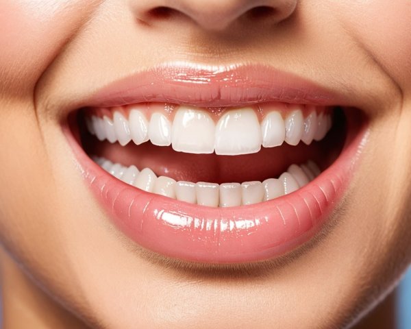 Close-Up of a Bright, Cheerful Smile with Glossed Lips