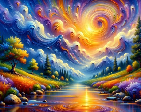 Vibrant Landscape with Colorful Sunset and River Reflection