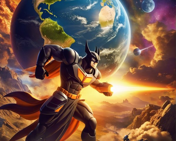 Heroic figure with futuristic weapon on rocky terrain