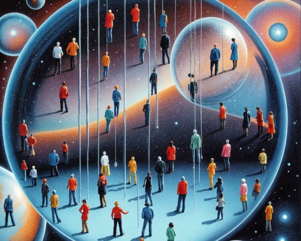 Vibrant Cosmic Landscape with Bubbles and Figures