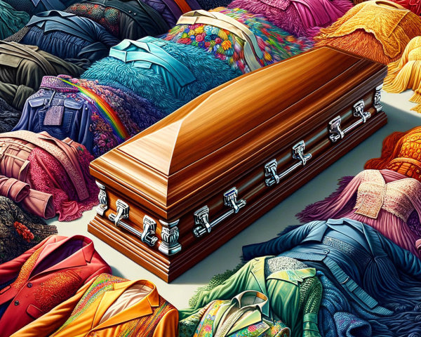 Wooden Coffin Surrounded by Colorful Garments