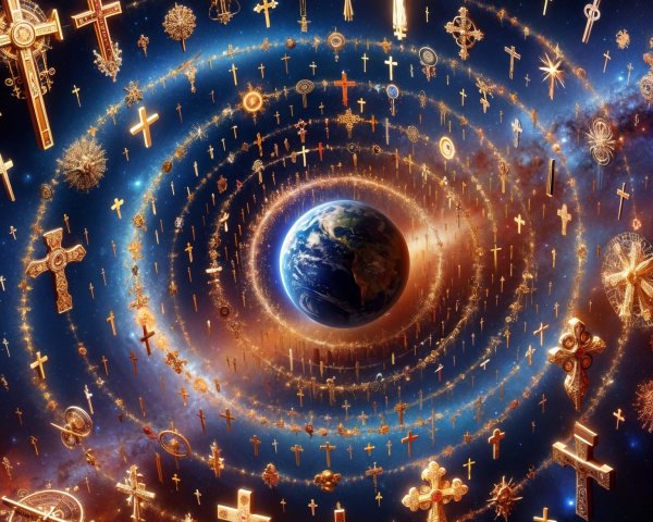 Cosmic Scene with Earth and Spiritual Symbols