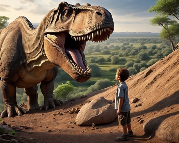 Young boy gazing at a towering Tyrannosaurus rex
