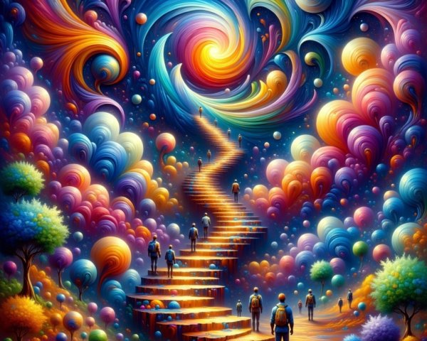 Surreal Landscape with Spiraling Staircase and Colors
