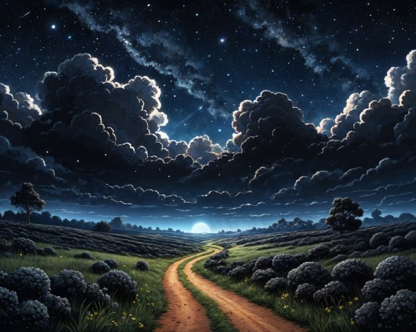 Winding Path Through Lush Landscape Under Starry Sky
