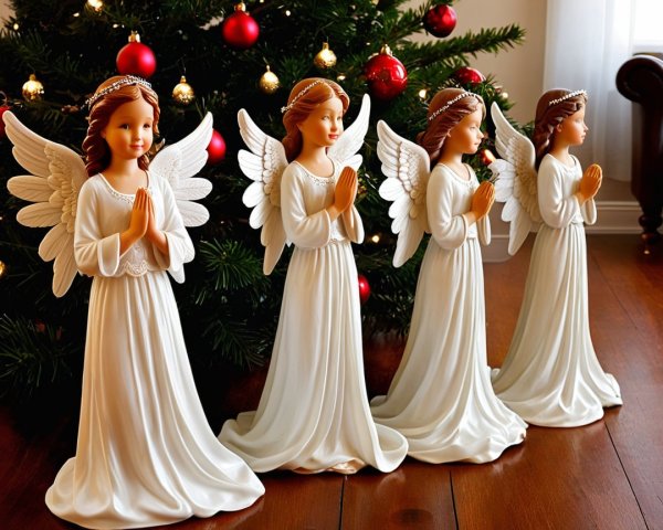 Angelic Christmas Figurines by Tree on Wooden Floor