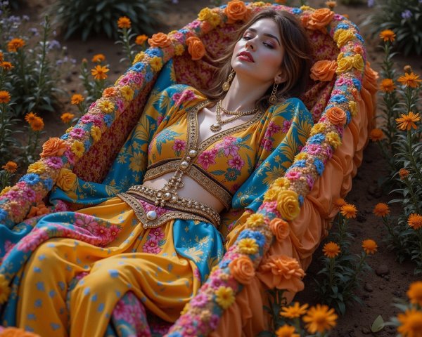 Woman in Traditional Outfit in Flower-Adorned Cradle