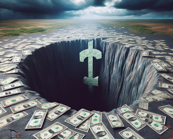 Surreal Landscape with Dark Pit and Dollar Symbol