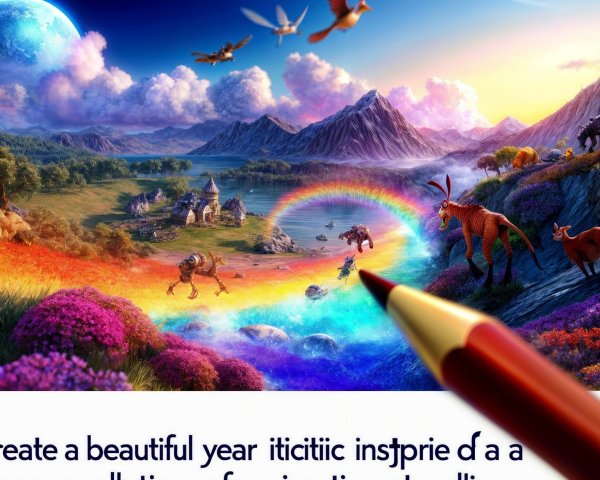 Vibrant Landscape with Whimsical Creatures and Mountains