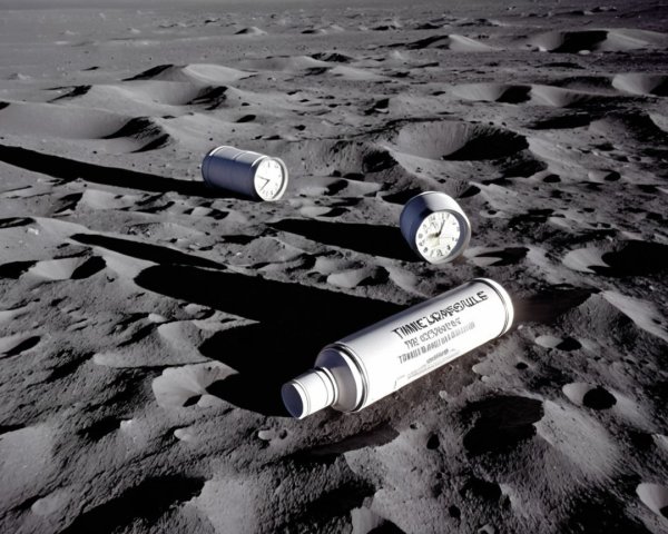 Surreal Lunar Landscape with Metallic Objects and Shadows