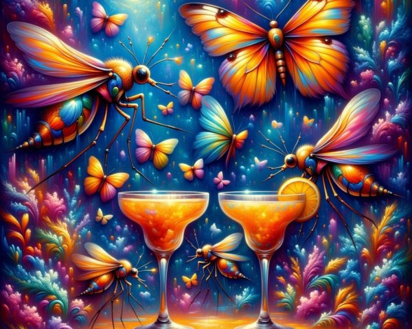Vibrant Scene of Colorful Cocktails and Butterflies