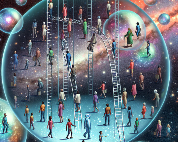 Cosmic Illustration of Diverse Figures in Dreamlike Space
