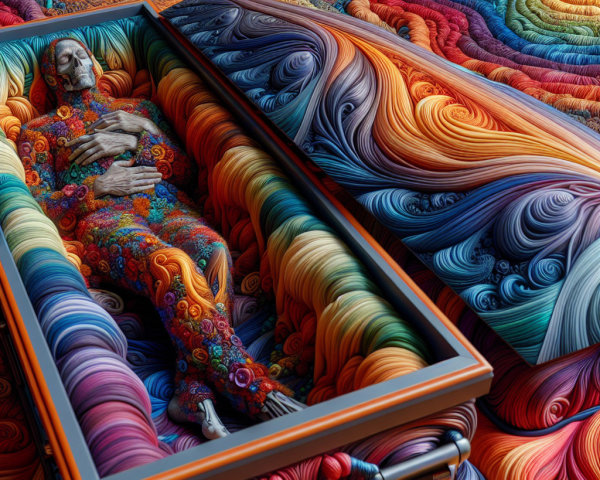 Surreal Scene of Decorated Coffin with Vibrant Patterns