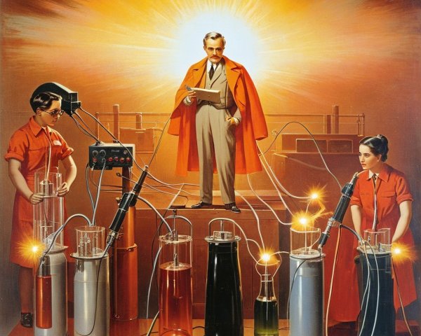 Scientist in Orange Cape with Lab Assistants and Apparatus