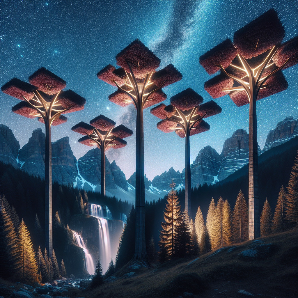 Surreal Landscape with Luminous Trees and Waterfall
