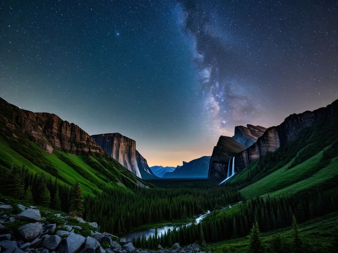 Nighttime Landscape with Mountains and Starry Sky