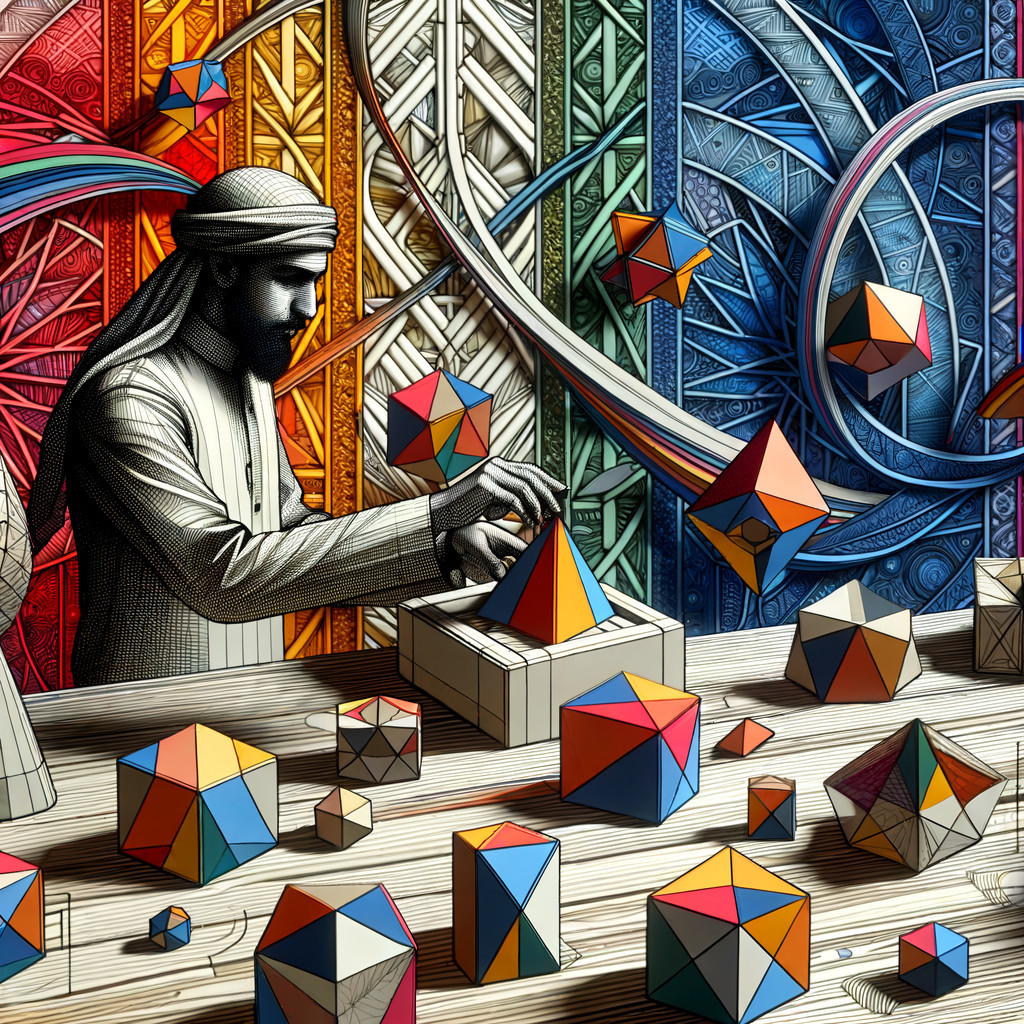 Man Assembling Colorful Geometric Shapes in Attire