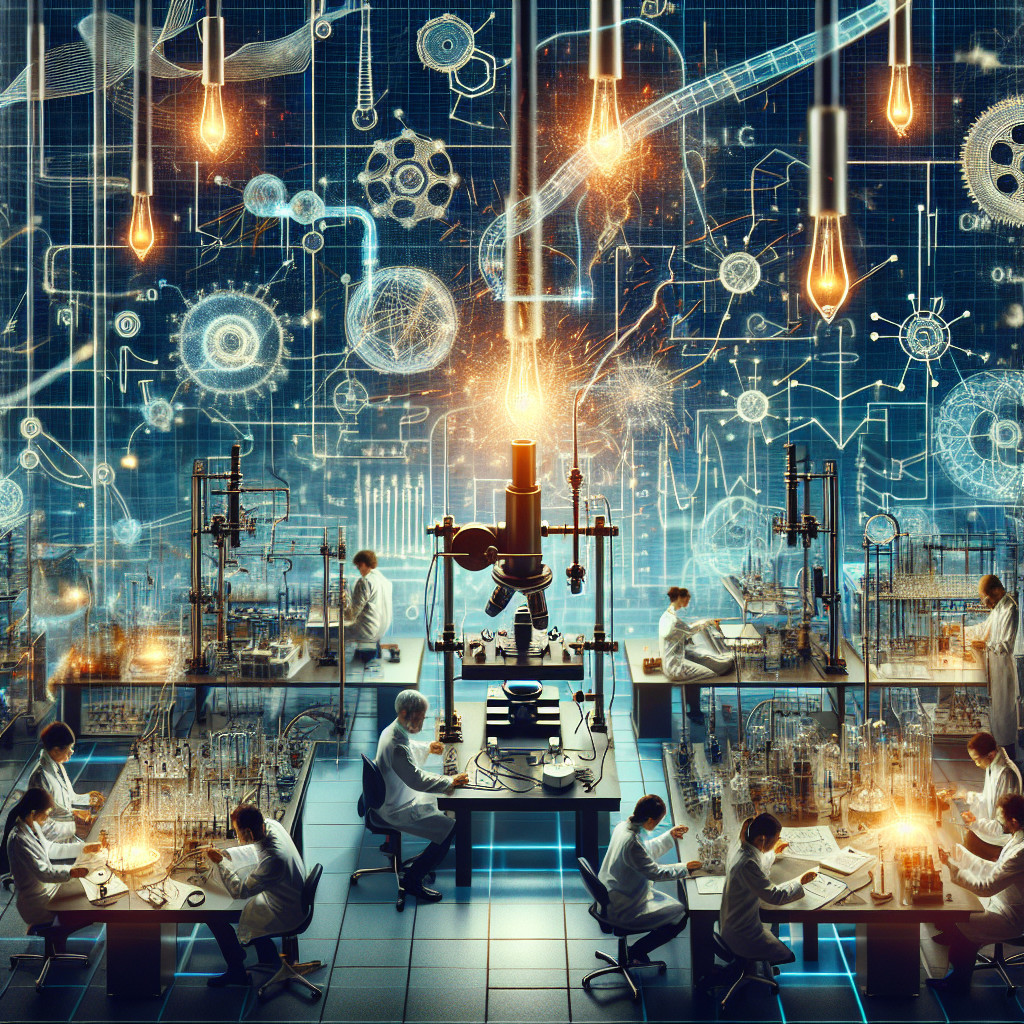 Futuristic laboratory with scientists and advanced equipment