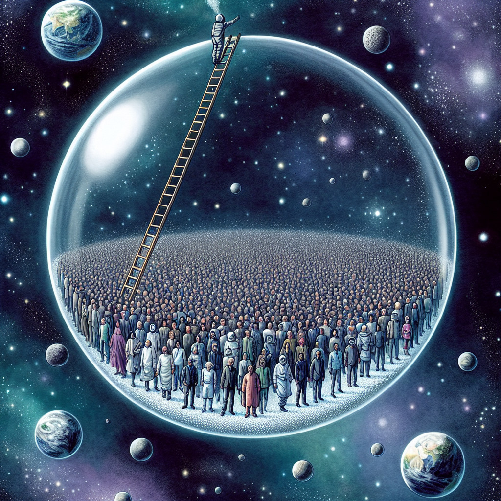 Crowd Inside Translucent Bubble Surrounded by Space