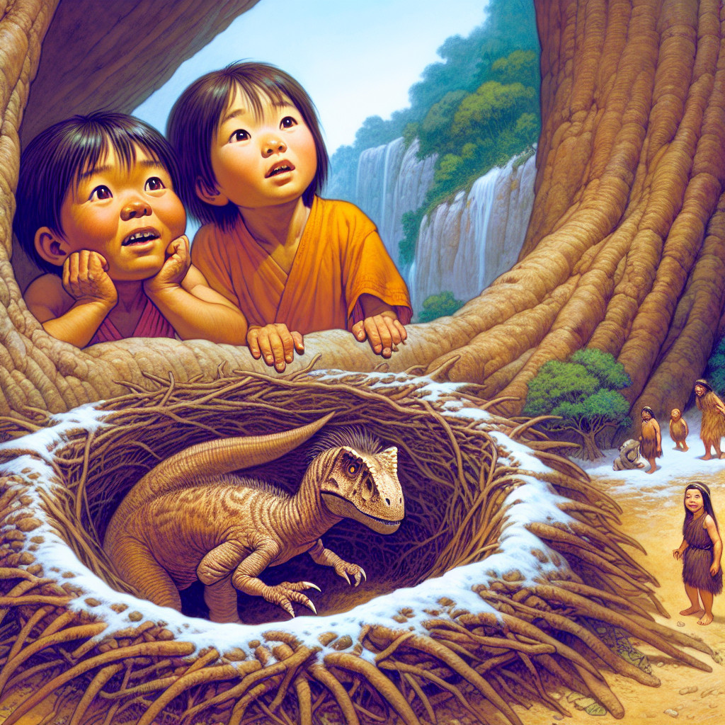 Children Observing Dinosaur Hatchling in Prehistoric Scene