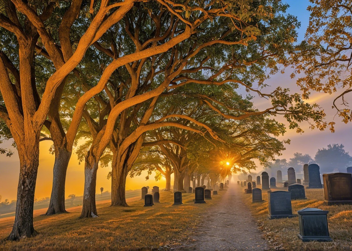 Misty Graveyard at Sunrise with Towering Trees