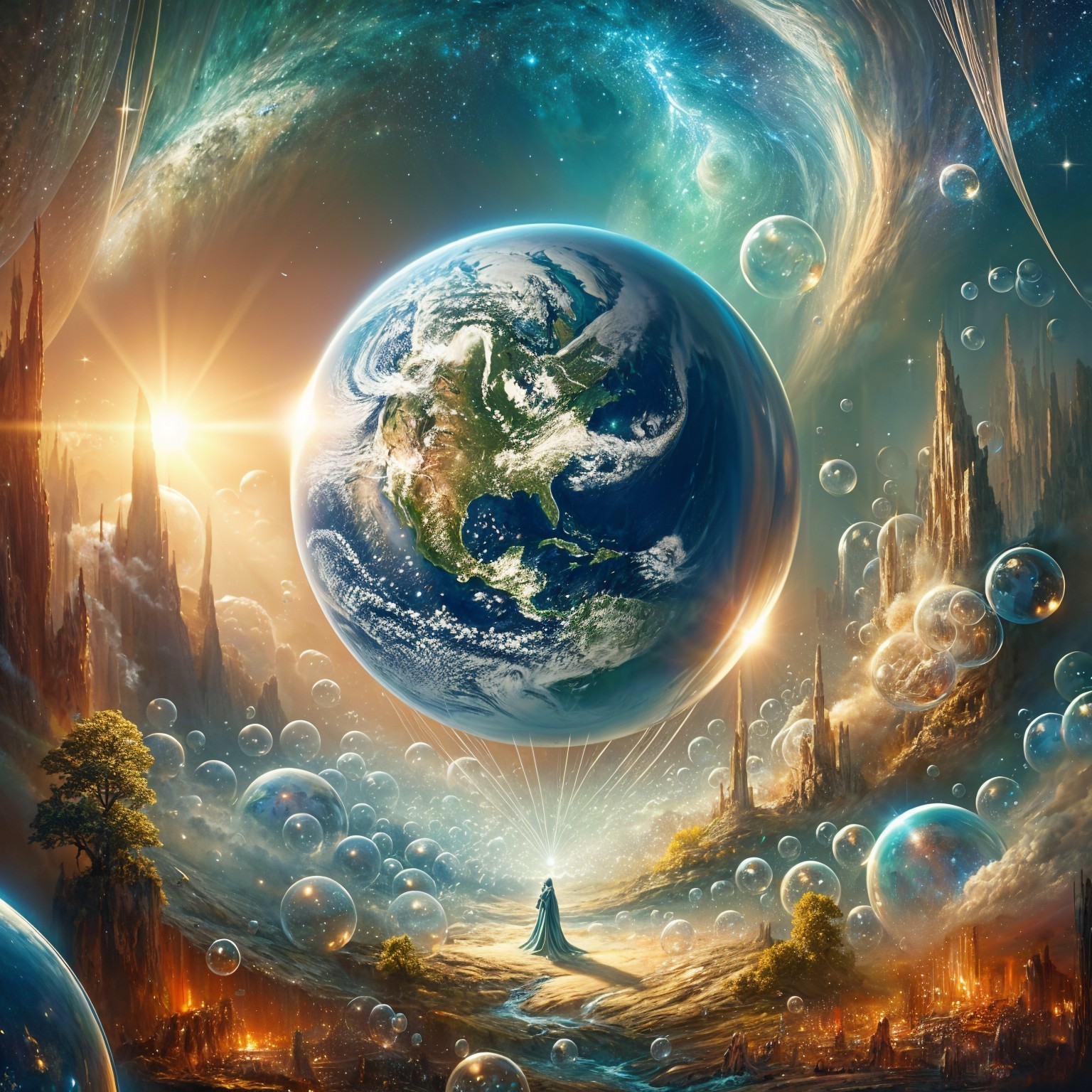 Surreal Cosmic Landscape with Figure and Earth