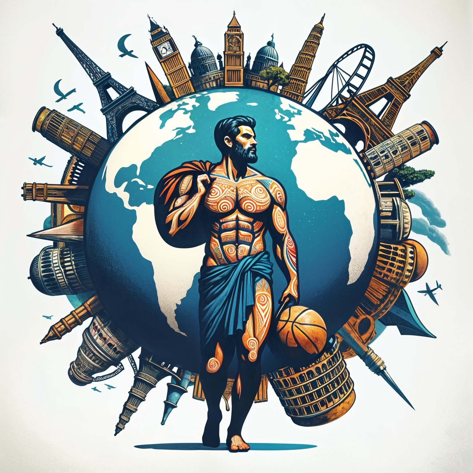 Muscular Figure in Blue Toga with Basketball and Globe