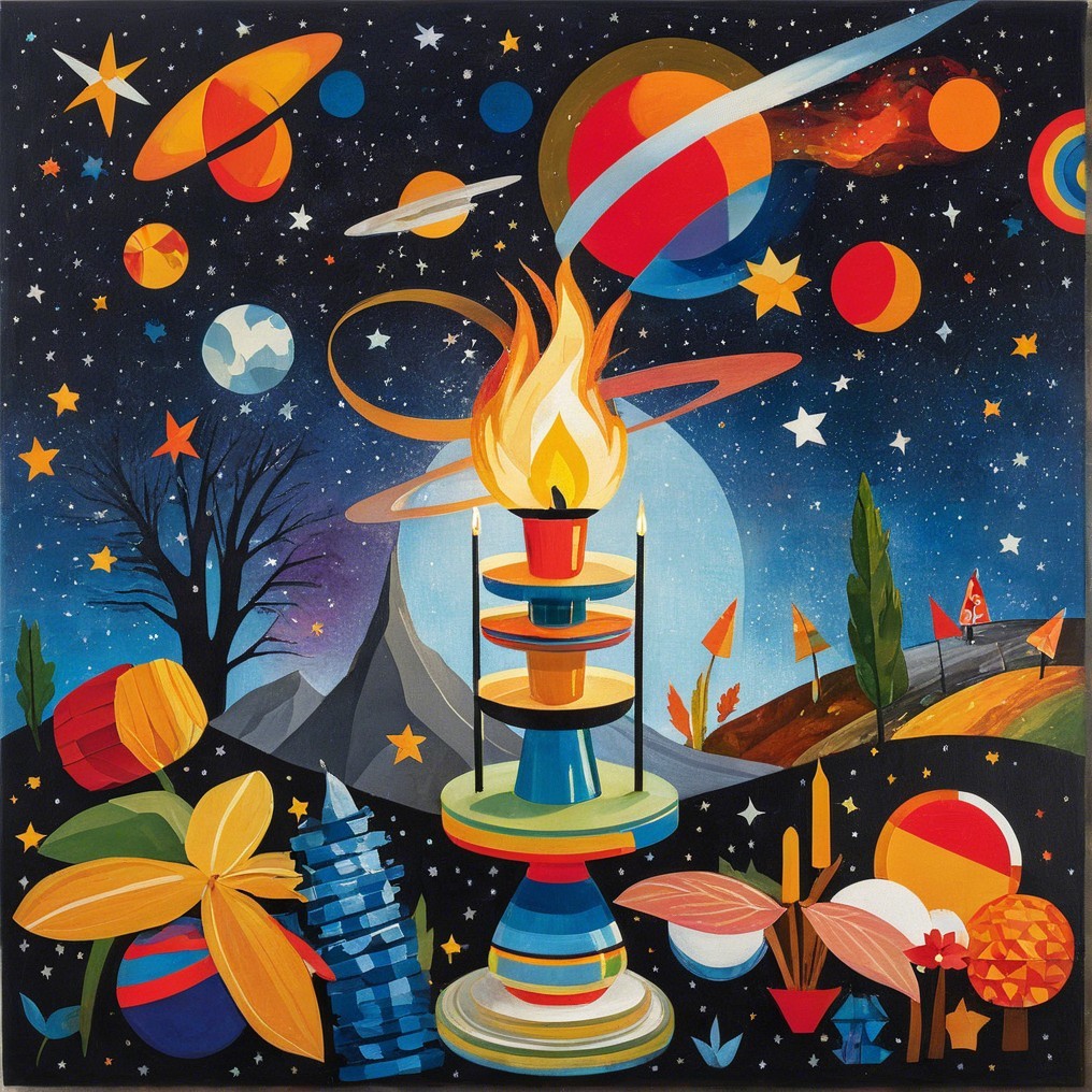 Surreal Artwork of Fire Tower and Cosmic Landscape