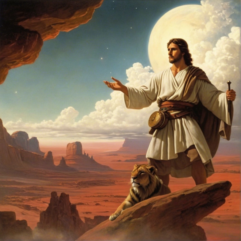 Desert Landscape with Figure and Tiger Under Moon
