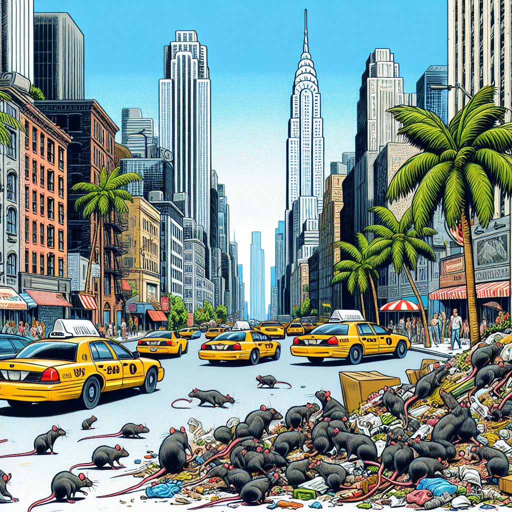 Vibrant City Scene with Taxis, Skyscrapers, and Rats