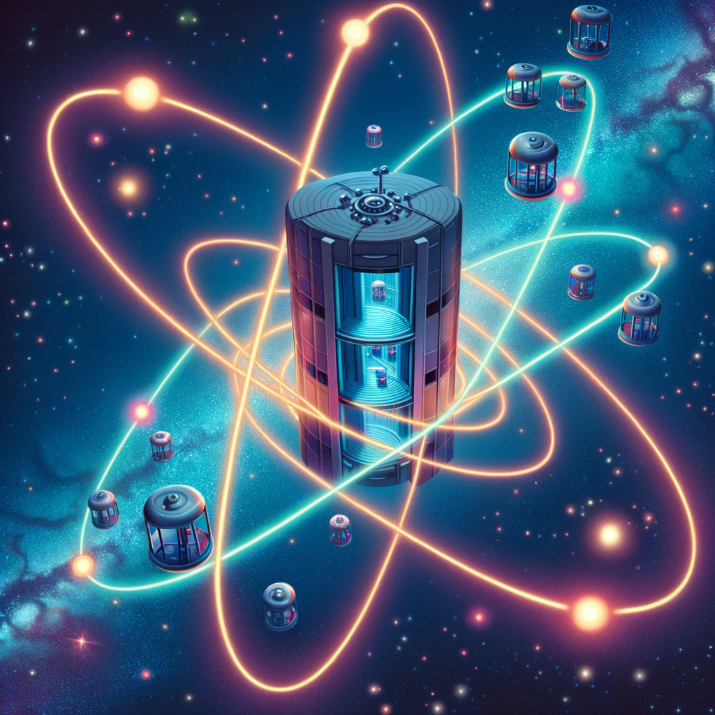 Futuristic Tower with Glowing Orbs in Cosmic Setting