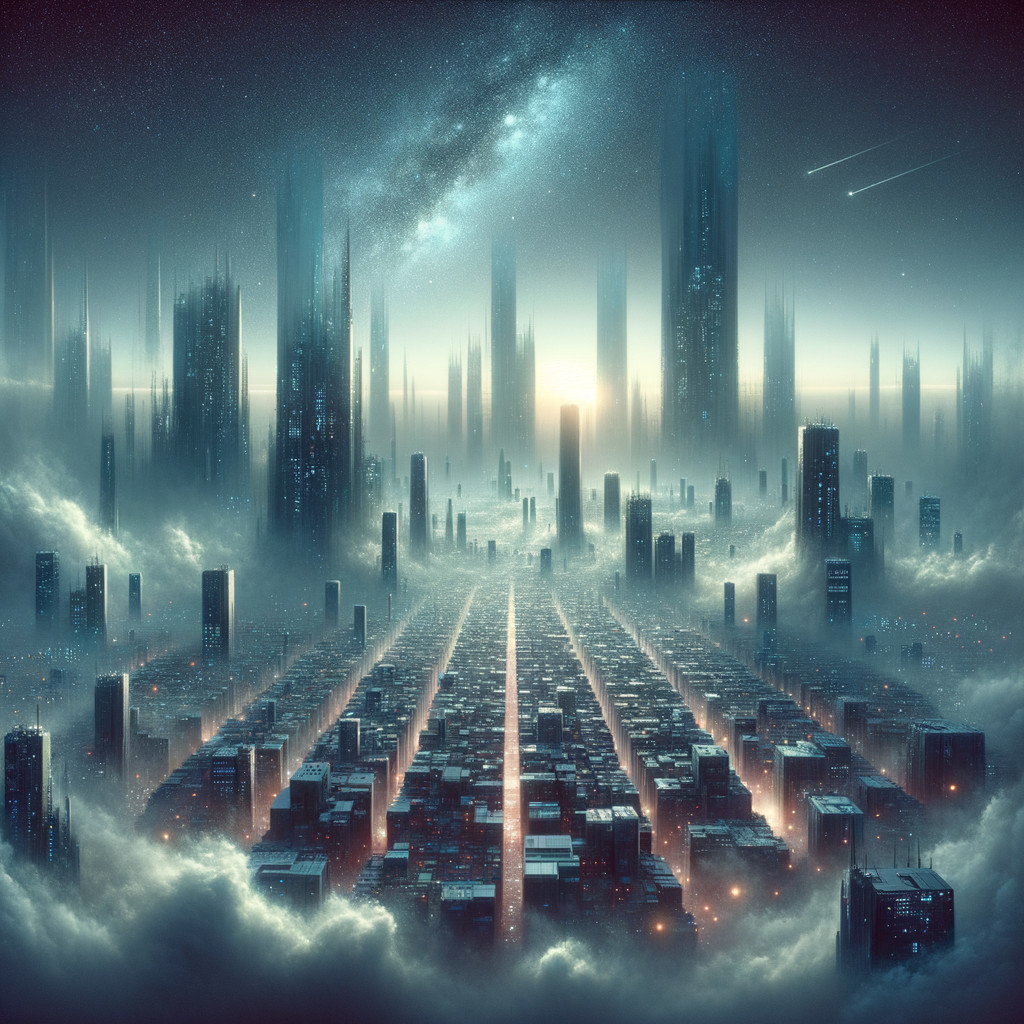 Futuristic Cityscape Above Clouds with Starry Sky
