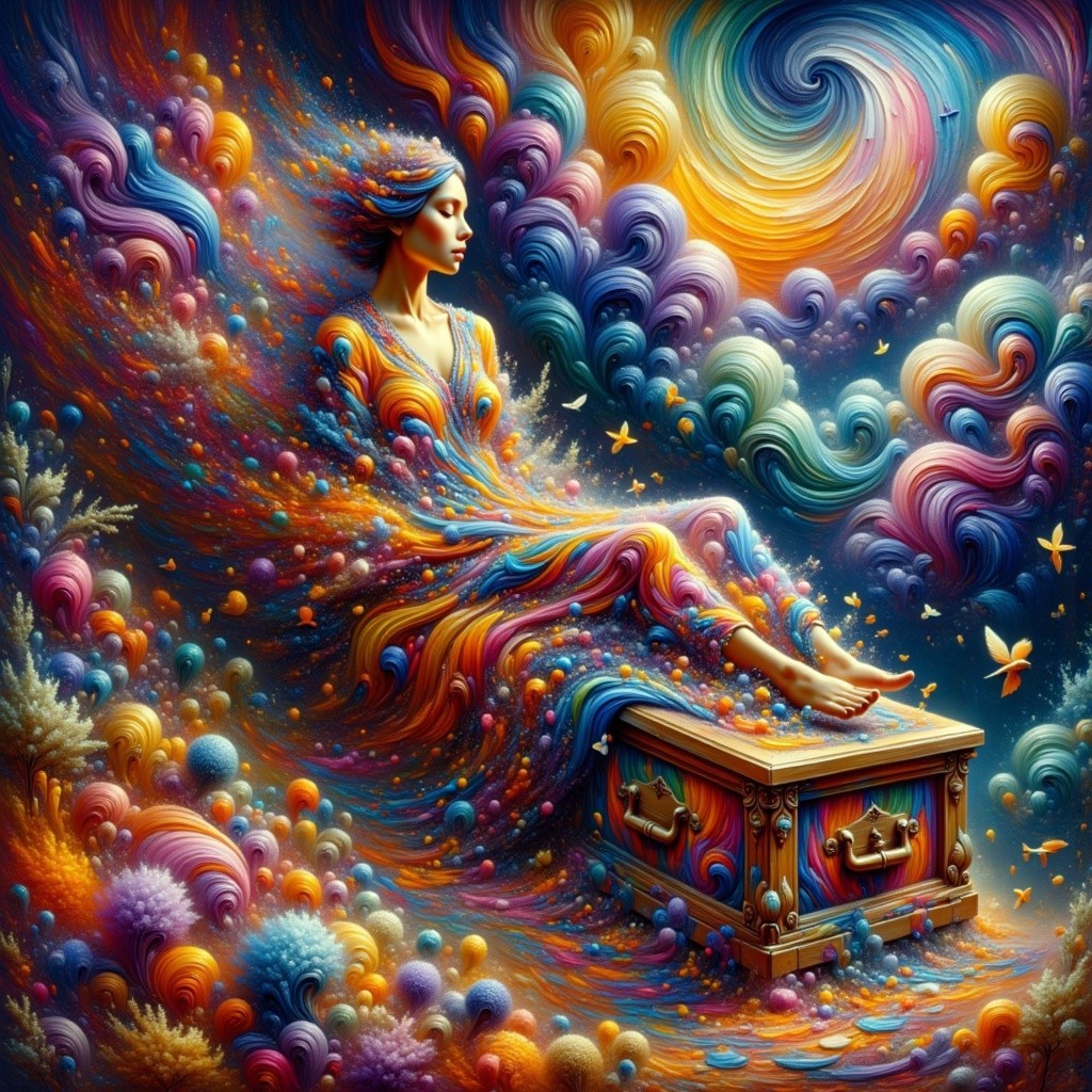 Serene figure atop ornate chest in vibrant colors