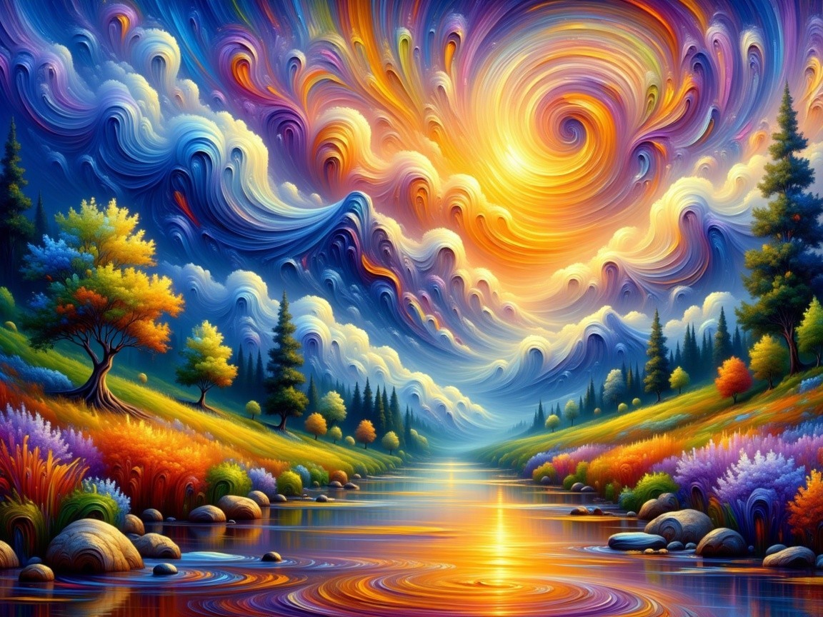 Vibrant Landscape with Colorful Sunset and River Reflection