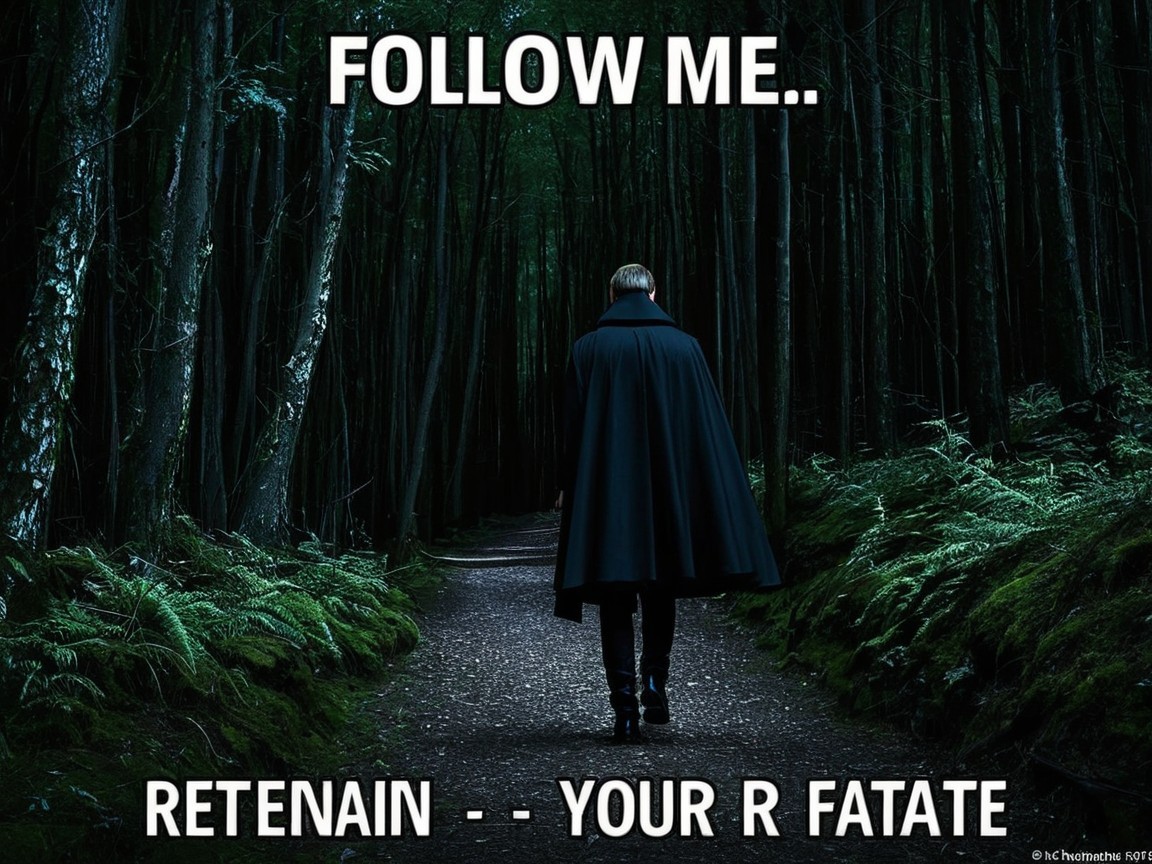 Mysterious Cloaked Figure on Shadowy Forest Path