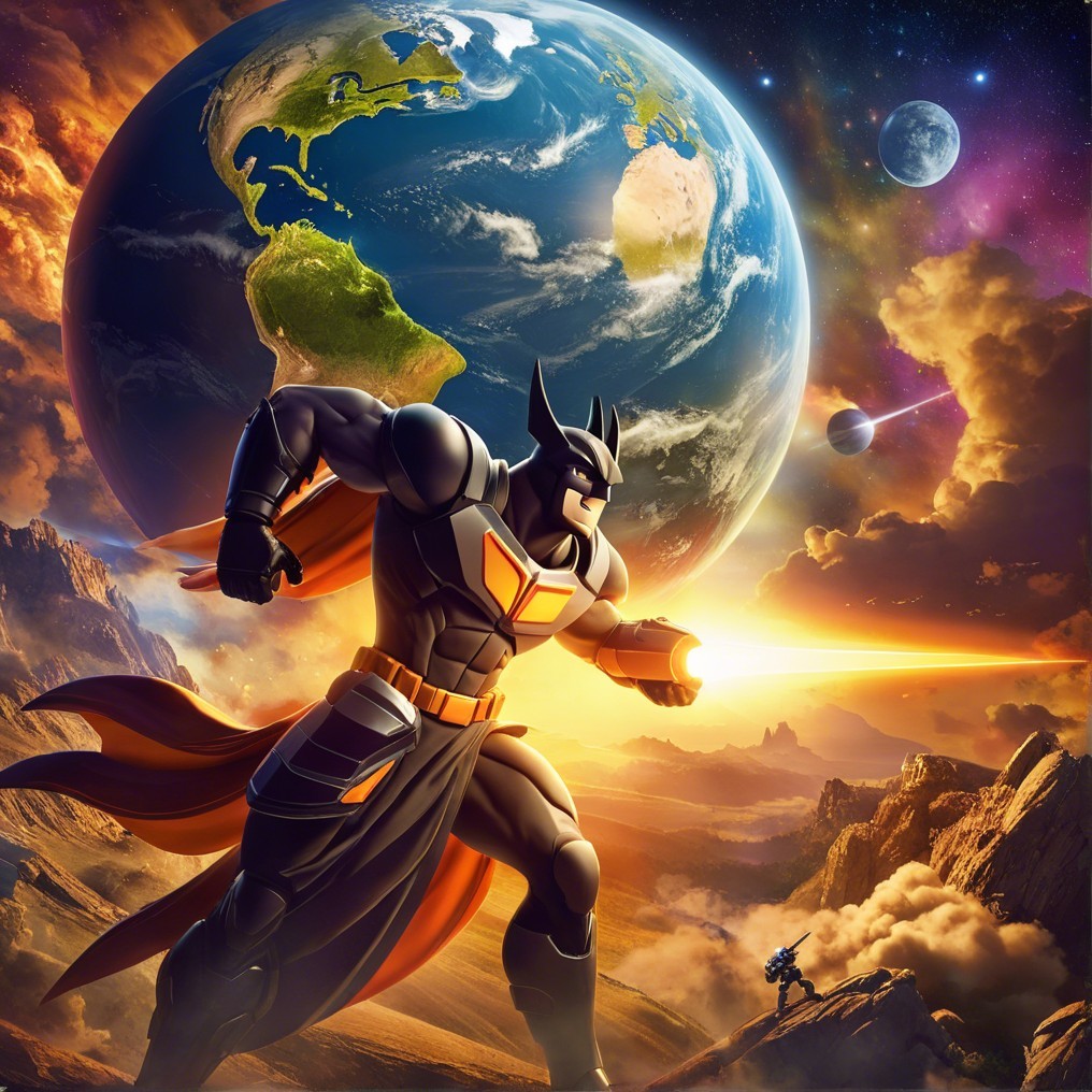 Heroic figure with futuristic weapon on rocky terrain